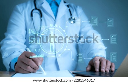 A medical worker works with an electronic database and documents.Technology and access information, database, storage, Digital link tech, big data Royalty-Free Stock Photo #2281546317
