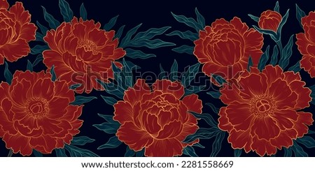 Linear red peonies. Aesthetics, luxury and elegance organic background. Beautiful flowers, green leaves and blooming plants. Poster or banner for website. Cartoon flat vector illustration Royalty-Free Stock Photo #2281558669