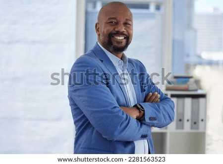 Happy black man, arms crossed or office portrait of corporate motivation in company about us or profile picture. Smile, confident or mature management person and success mindset or CEO introduction