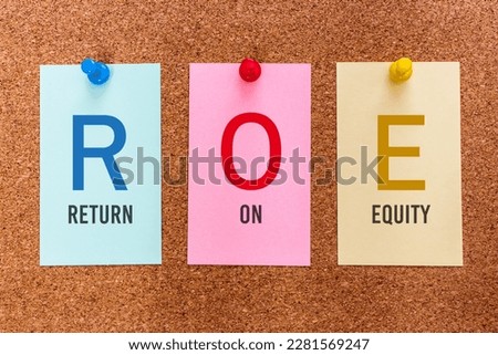 Conceptual 3 letters keyword ROE (Return on Equity), on multicolored stickers attached to a cork board.
