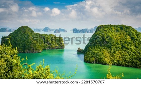 Beautiful limestone karst islands of Ha Long Bay in Vietnam. View from Ti-Top Island Royalty-Free Stock Photo #2281570707
