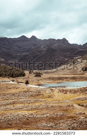 Mucubají Lagoon, rocks, grass and herbs with mountains in the background - stock photo