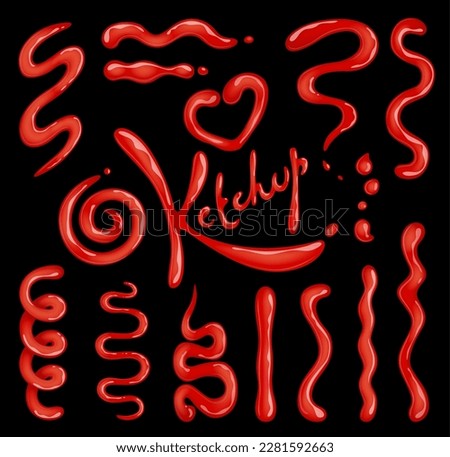 Ketchup stains, squeeze and splashes vector set. Red tomato sauce splats and smears. Isolated cartoon food condiment and spice drops, splatters, blobs in shape of heart or swirl, paste catsup strokes Royalty-Free Stock Photo #2281592663