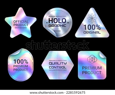 Quality hologram stickers. Official certified, original and premium product iridescent vector labels. Star, circle, triangle and pentagon shape holographic stickers, quality guarantee symbol or tag Royalty-Free Stock Photo #2281592675