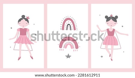 Set of children's illustrations with a cute princess and rainbows, hand drawn. Vector illustration for prints, postcards, clothes.