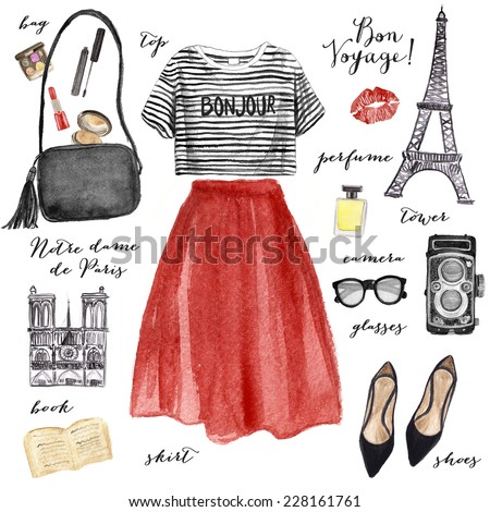 Watercolor fashion illustration. Paris style outfit.