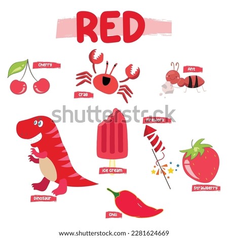 Set of red color objects. Primary colours flashcard with red elements. Learning colors for kids. Vector illustration file. Learning material for toddlers.