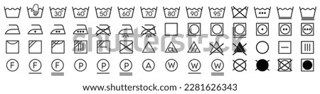 Laundry care label symbols collection. Clothes washing instruction icon vector set. Isolated care tag sign on white background. Vector illustration Royalty-Free Stock Photo #2281626343
