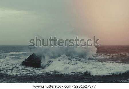 Storm at seaside landscape photo. Beautiful nature scenery photography with overcast sky on background. Idyllic scene. High quality picture for wallpaper, travel blog, magazine, article