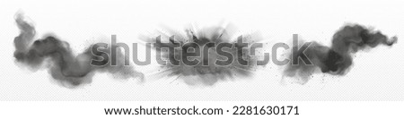 Grey ash powder explosion on transparent background. Isolated vector smoke cloud splash overlay effect. Toxic air spray explode with particle splatter. Realistic dirty texture stream collection. Royalty-Free Stock Photo #2281630171