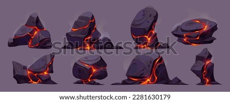 Lava rock with crack and light texture vector volcano set. Fire and magma in broken stone effect with glow game illustration. Black coal object construction for hell geology background. Royalty-Free Stock Photo #2281630179