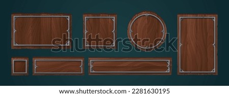Wooden plates with metal frames for game ui design. Wood signs, panels and planks different shapes with medieval iron borders, vector cartoon set isolated on background Royalty-Free Stock Photo #2281630195