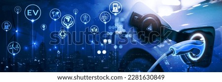 Energy EV car concept. Futuristic hybrid vehicle charge battery electric on station blur cityscape on panoramic banner blue background with icon illustration environment friendly. green eco technology Royalty-Free Stock Photo #2281630849