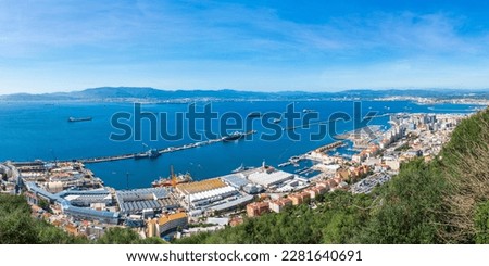 Panoramic  view over Gibraltar - a British Overseas Territory, and Spain across Bay of Gibraltar