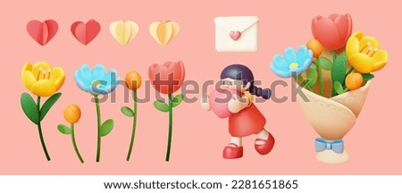 3D illustration of mothers day element set. Including cute girl holding love shape toy, tulip flowers, love letter, bouquet of flowers and paper heart garland isolated on pink background.