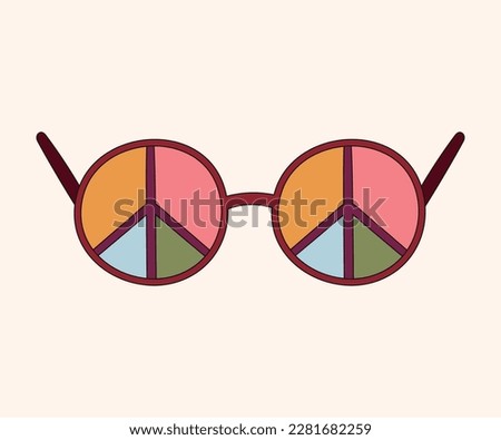 Groovy retro isolated clip art with funny multicolored hippie sunglasses and peace symbol, vector illustration