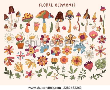 Groovy flowers and mushrooms isolated clip art bundle, 70s nostalgia retro style, stylized plants big vector kit