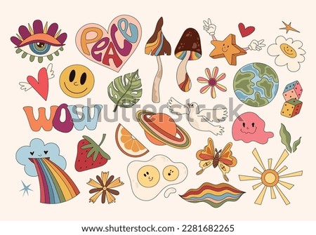 Groovy retro isolated clip art bundle, 70s nostalgia, hippie old fashioned aesthetic