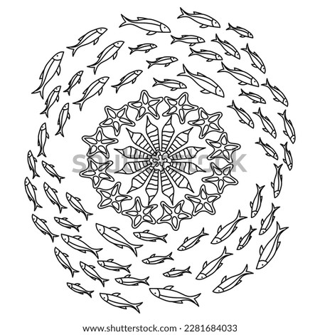 Undersea Coloring Book page. Shoal of fish and starfish. Black and white vector illustration.