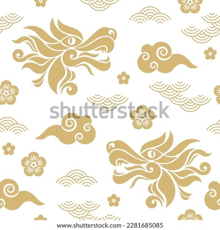 Seamless pattern with Dragon. Symbol of 2024. Year of the Dragon. Gold and white colors