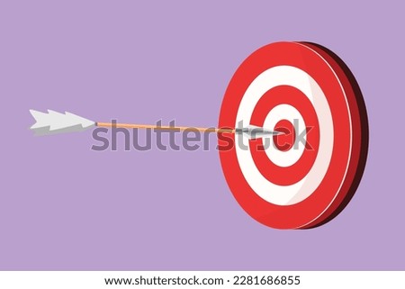 Graphic flat design drawing arrow was shot bullseye to archery target board. Archery target logo. Archery sport equipment, training, competition, tournament concept. Cartoon style vector illustration