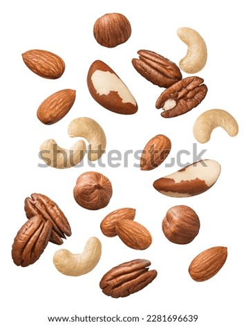 Flying cashew, almond, hazelnut, pecan and brazil nuts falling isolated on white background. Nut mix. Top view. Package design elements with clipping path Royalty-Free Stock Photo #2281696639