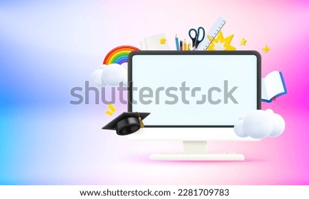 Computer monitor with education elements and blank screen. 3d vector banner with copy space