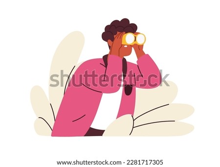 Curious person looking with binoculars. Searching job, finding opportunities, exploring, observing new goals, discovering, seeking ideas concept. Flat vector illustration isolated on white background Royalty-Free Stock Photo #2281717305