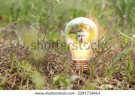 Concept image of a light bulb and small house in nature. Idea of ecology, solar energy, and sustainability