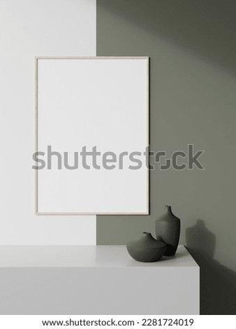 Interior poster mock up with frame and plants in vase on wall background