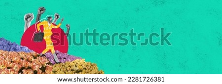 Woman rights, flowers. Bright colorful poster, banner with young business woman wearing costume and diplomat running on work with joy. Banner. Business, worker, job, mood, art, fashion, ad, concept Royalty-Free Stock Photo #2281726381