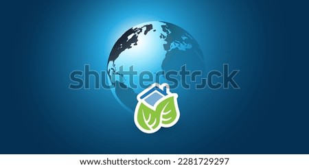 Blue Global Eco World Concept, Creative Graphic Design Layout - Green Leaves, Smart Home Symbol and Earth Globe, Vector Template on Dark Blue Wide Scale Gradient Background