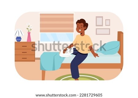 Morning kids concept with people scene in the flat cartoon style. Little boy Wake up in the morning with his cat. Vector illustration.