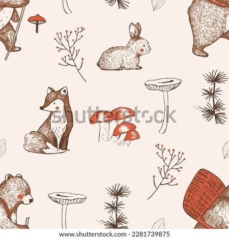 Hand drawn vector Woodland animals seamless pattern. Fabric wallpaper background with Fox, Bear, and Bunny rabbit. For kids and baby's.   Royalty-Free Stock Photo #2281739875