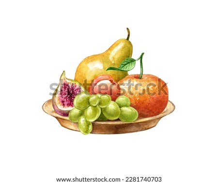 watercolor illustration. Assorted colorful tropical fruits served on brass round tray. Food clip art isolated on white background
