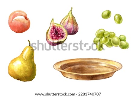 watercolor illustration. Assorted colorful tropical fruits and round brass tray. Food clip art set isolated on white background. Hand drawn design elements