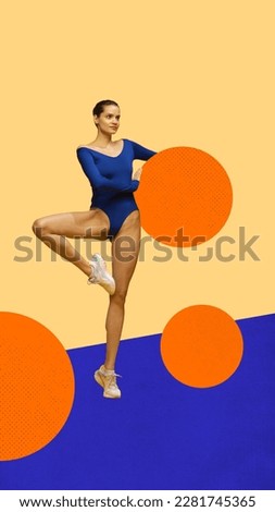 Beautiful young girl with fit, slim body in bodysuit training gymnastics and yoga. Keeping body in tone. Contemporary art collage. Concept of sport, competition, action and motion. Creative design