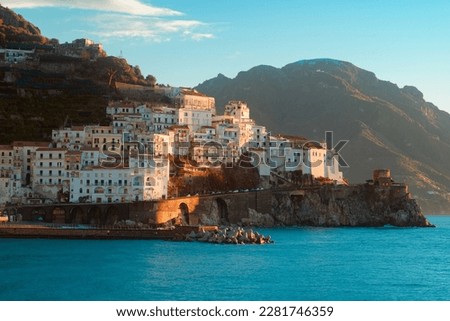 view of amalfi, amalfi coast, amalfi cathedral, sea, tranquility of the amalfi coast and symbols of mediterranean culture, naples, salerno, positano. Royalty-Free Stock Photo #2281746359