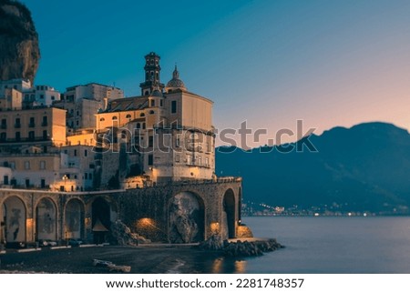 view of amalfi, amalfi coast, amalfi cathedral, sea, tranquility of the amalfi coast and symbols of mediterranean culture, naples, salerno, positano. Royalty-Free Stock Photo #2281748357