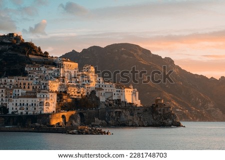 view of amalfi, amalfi coast, amalfi cathedral, sea, tranquility of the amalfi coast and symbols of mediterranean culture, naples, salerno, positano. Royalty-Free Stock Photo #2281748703
