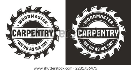 Wood saw for slice of tree or timber for logo and design of workshop or sawmill. Blade or circular saw for sawing of woodmaster or carpenter. Royalty-Free Stock Photo #2281756475