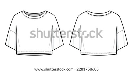 Oversized short sleeves T-shirt fashion flat technical drawing template. Flat apparel T-shirt template front view, back view, white color. Unisex. men, women. CAD mock-up.