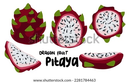 A set of dragon fruit or pitaya cut on a white background. Hand-drawn vector illustration in flat style for a summer advertising theme. In different versions of fruit slicing. Bright sliced fruits
