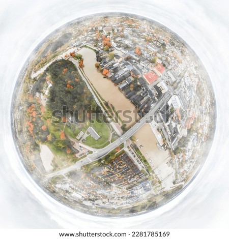 A three dimensional panoramic aerial view of the Old town of Porvoo in fog, in a mini planet panorama style. Finland.
