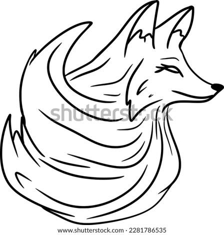 Vector drawing of a fox contour, silhouette with a puffy collar. Black and white, flat, doodle, isolated, hand drawn, cartoon style. Fluffy, cute, animal, mammal.