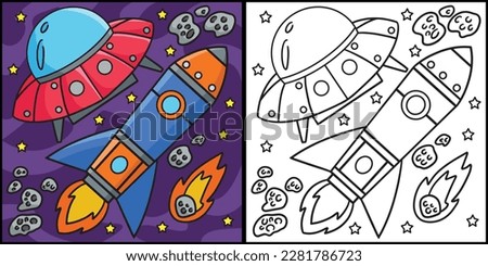 UFO and Rocket Ship In Space Coloring Illustration