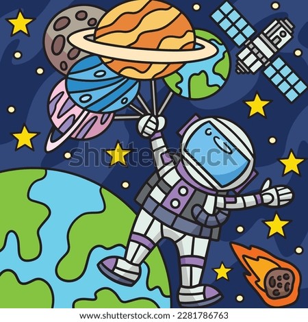 Astronaut Holding Balloon Planet Colored Cartoon