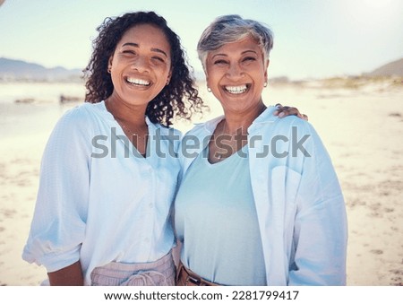 Family, portrait and mother with adult daughter hug, happy and bond at beach together, smile and relax. Happy, parent and girl embrace, travel and excited for ocean trip, holiday and freedom in Cuba Royalty-Free Stock Photo #2281799417