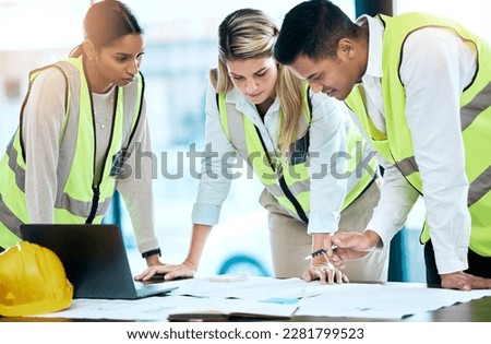 Architect, team and meeting in blueprint planning for construction, architecture or project collaboration. Group of contractors discussing floor plan or teamwork strategy for industrial architecture Royalty-Free Stock Photo #2281799523