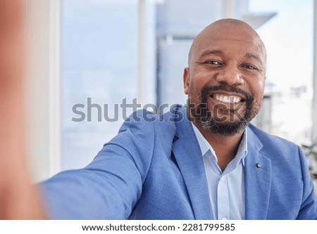 Happy black man, mature or selfie portrait for about us, company profile picture or CEO business introduction. Smile, face or corporate photography of manager person, worker or employee social media